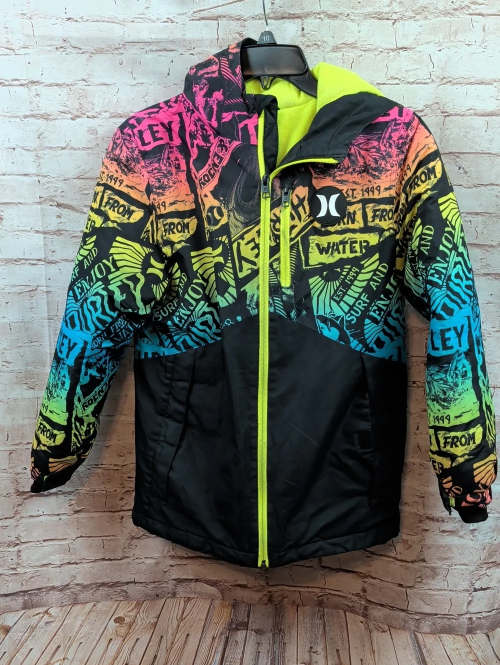 Hurley Neon Graphic Zip-Up Puffer Jacket Boy's Medium Like New